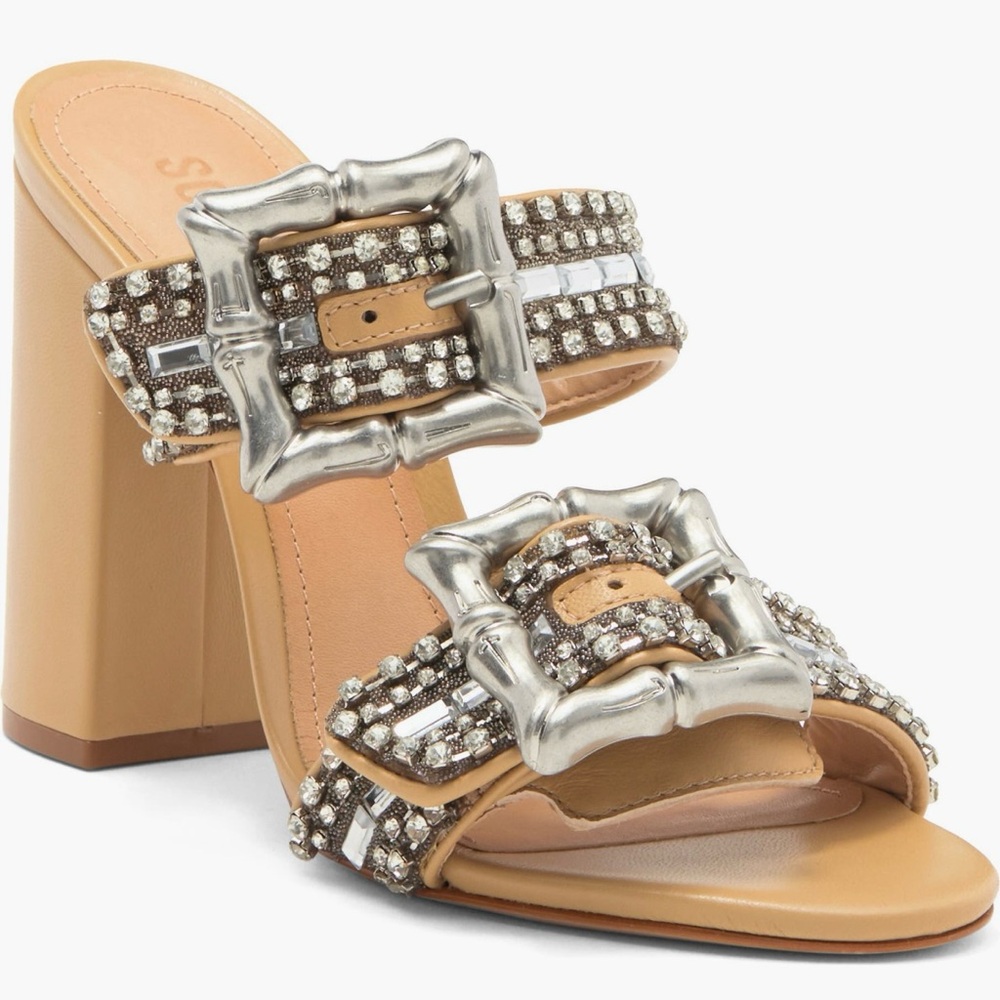 NWT | Schutz Women's Enola Crystal Buckle Strap Shine Leather Sandal